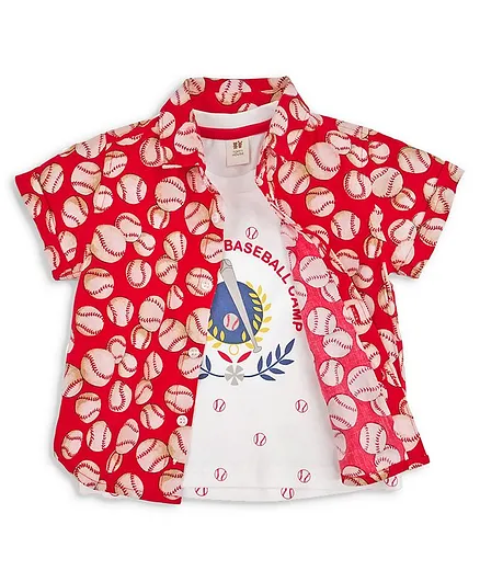 ToffyHouse Half Sleeves Shirt with T-Shirt Baseball Print - Red