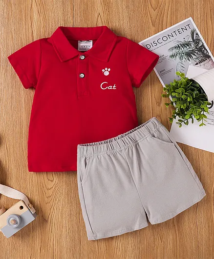 Kookie Kids Short Sleeves Tee & Shorts Cat Embroidery - Red Grey