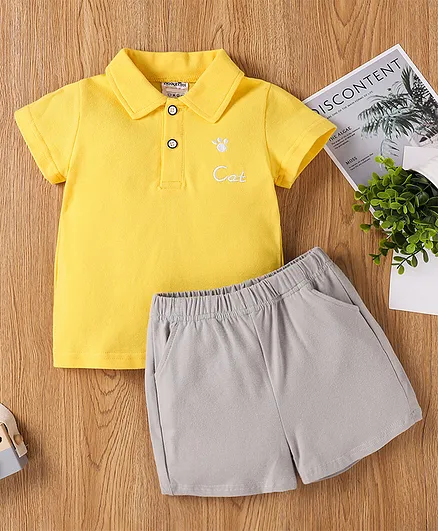 Kookie Kids Short Sleeves Tee & Shorts Cat Embroidery - Yellow Grey