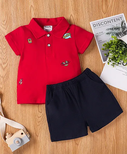 Kookie Kids Half Sleeves Tee & Shorts Crocodile Print - Red Navy Blue