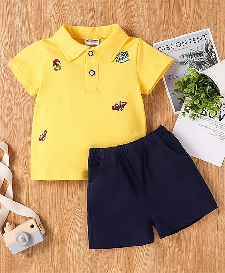 Kookie Kids Half Sleeves Tee & Shorts Crocodile Print - Yellow Navy Blue