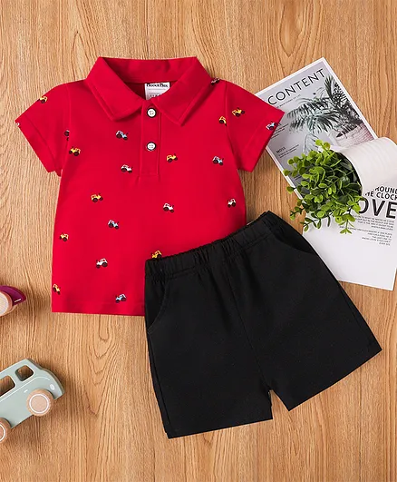 Kookie Kids Half Sleeves Tee & Shorts Jeep Print - Red Black