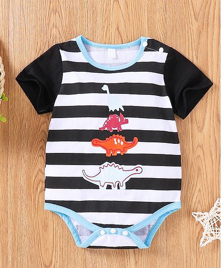 Kookie Kids Half Sleeves Stripe Onesie Dino Print - Black White