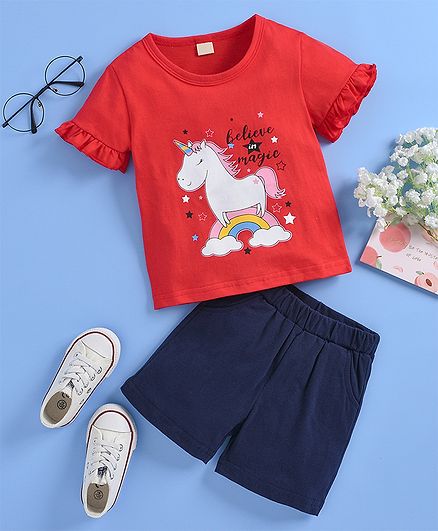 Kookie Kids Half Sleeves Tee & Shorts Unicorn Print - Red Navy Blue