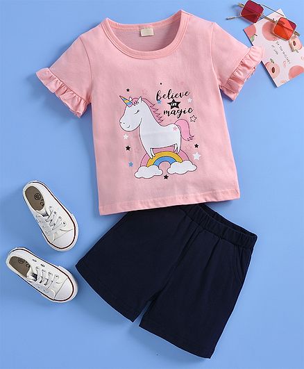 Kookie Kids Half Sleeves Tee & Shorts Unicorn Print - Pink Navy Blue