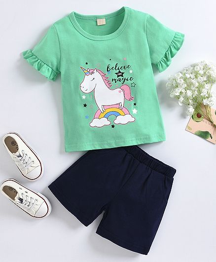 Kookie Kids Half Sleeves Tee & Shorts Unicorn Print - Green Navy Blue