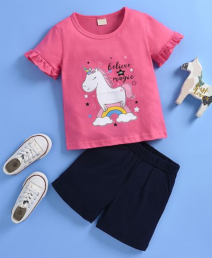 Kookie Kids Half Sleeves Tee & Shorts Unicorn Print - Pink Navy Blue
