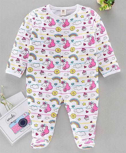 ToffyHouse Full Sleeves Sleep Suit Unicorn Print - White Pink