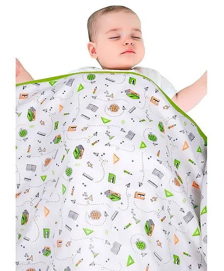 Wonder Wee Mulmul XXL Baby Blanket School Print - White Green