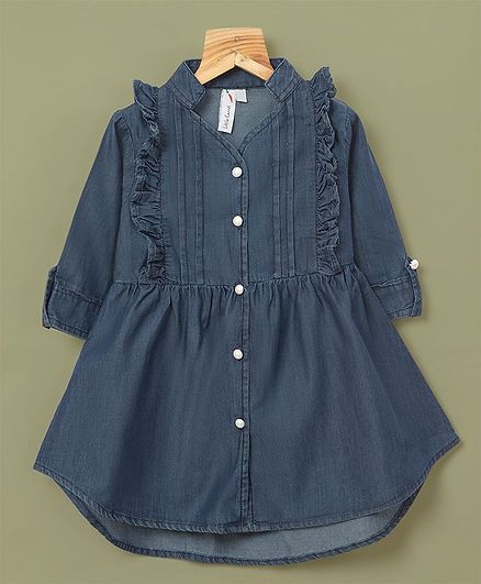 Little Carrot Frill Detail Full Sleeves Front Buttoned Dress - Dark Blue