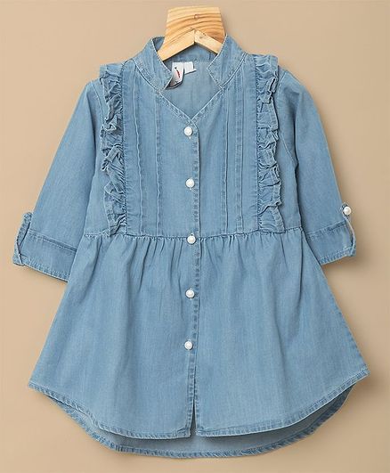 Little Carrot Frill Detail Full Sleeves Pearl Buttoned Dress - Blue