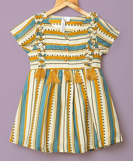 Little Carrot Striped Short Sleeves Tassel Detailing Dress - Yellow