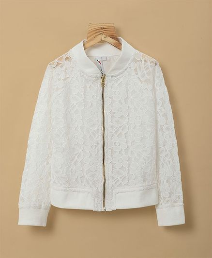 Little Carrot Full Sleeves Floral Lace Jacket - White