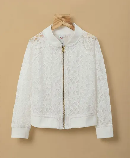 Little Carrot Full Sleeves Floral Lace Jacket - White