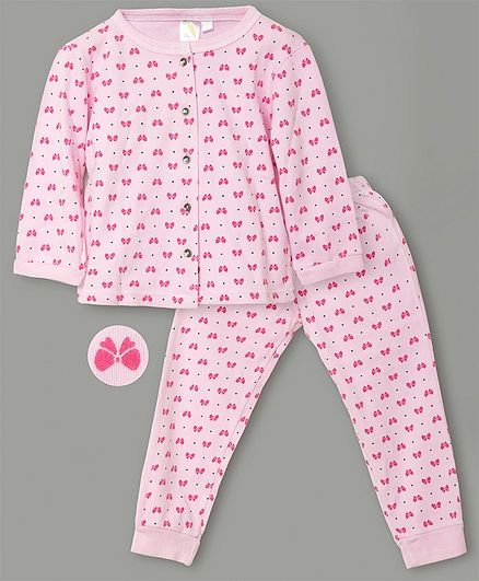 Little Carrot Interlock Jersey Ultrasoft Full Sleeves Bow Print Night Suit - Pink