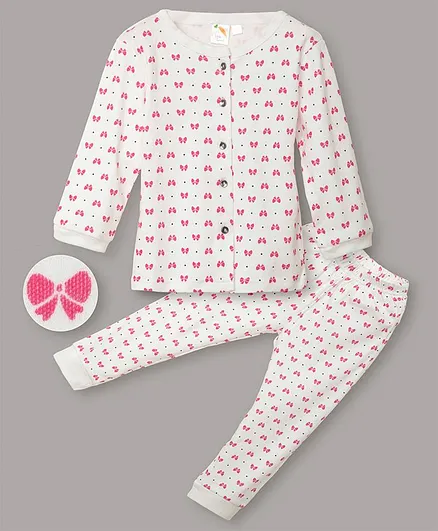 Little Carrot Interlock Jersey Ultrasoft Full Sleeves Bow Print Night Suit - White