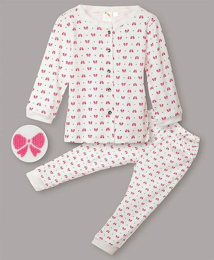 Little Carrot Interlock Jersey Ultrasoft Full Sleeves Bow Print Night Suit - White