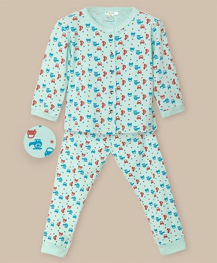 Little Carrot Interlock Jersey Ultrasoft Full Sleeves Vehicles Print Night Suit - Green
