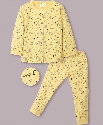 Little Carrot Interlock Jersey Ultrasoft Full Sleeves Moon Print Night Suit - Yellow