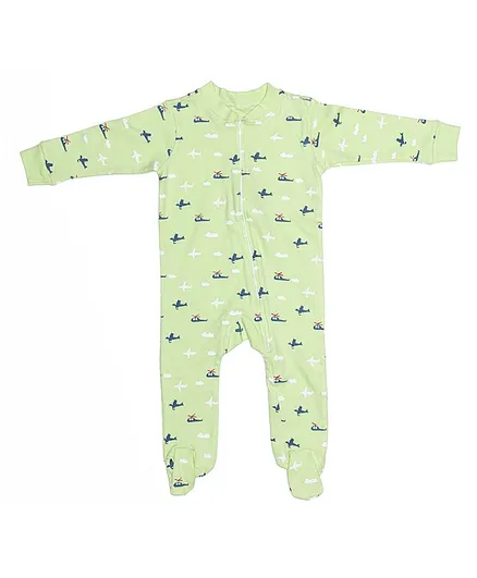 Toddler Tales Air Plane Print Full Sleeves Footed Romper - Green