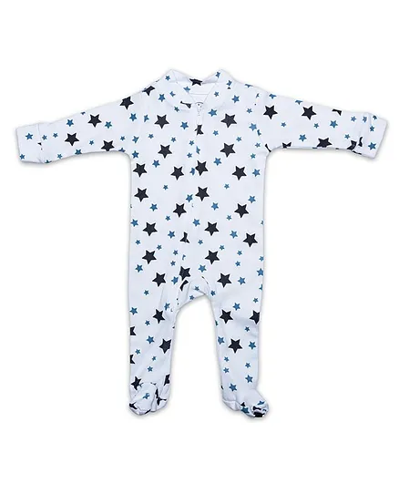 Toddler Tales Star Print Full Sleeves Footed Romper - White