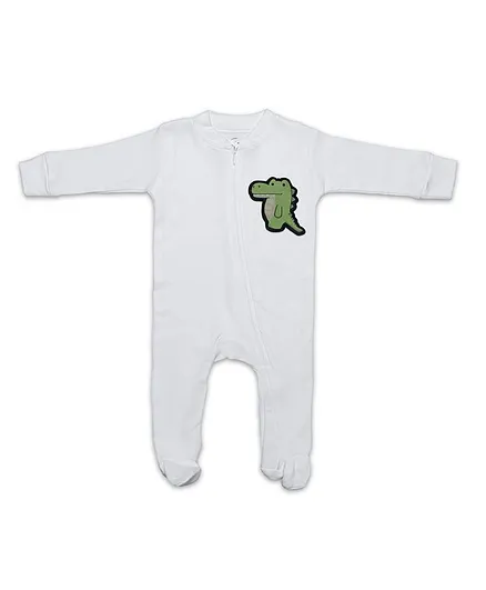 Toddler Tales Crocodile Patch Full Sleeves Footed Romper - White