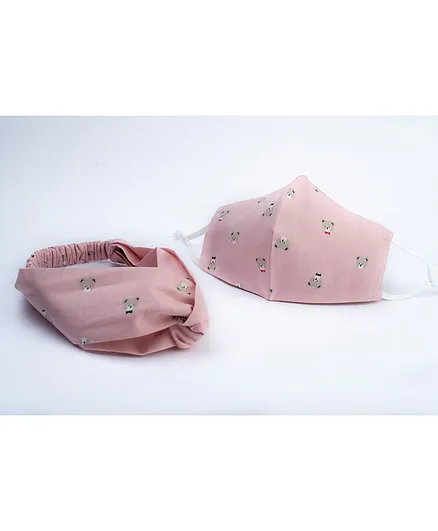 Ribbon candy Bear Print Turban Hair Band With Face Mask - Pink