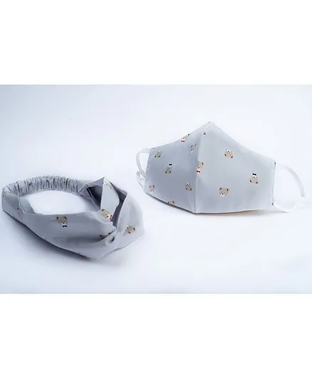 Ribbon candy - Bear Print Turban Hair Band With Face Mask - Light Grey