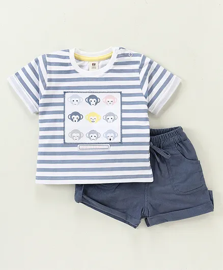 ToffyHouse Half Sleeves Stripe T-Shirt & Corduroy Shorts Set Monkey Print - Blue