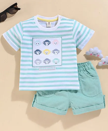 ToffyHouse Half Sleeves Striped Tee & Corduroy Shorts - Green