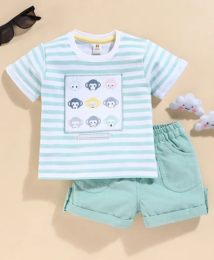 ToffyHouse Half Sleeves Striped Tee & Corduroy Shorts - Green
