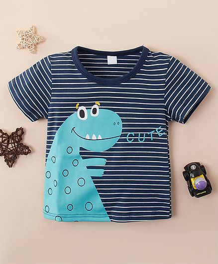 Kookie Kids Half Sleeves Striped Tee Dino Print - Navy Blue