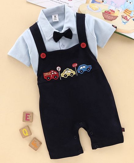 Little Folks Dungaree Style Romper With Half Sleeves Tee Vehicle Patch - Blue