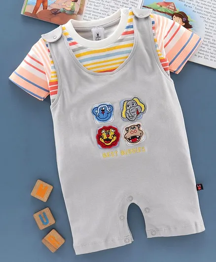 Little Folks Dungaree Style Romper With Half Sleeves Tee Animal Patch - Light Blue