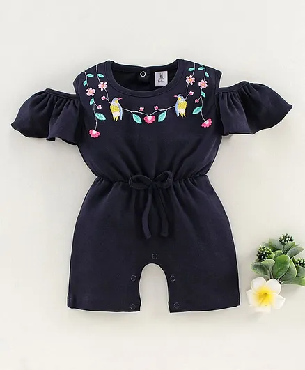 Little Folks Cold Shoulder Jumpsuit Floral Embroidery - Blue