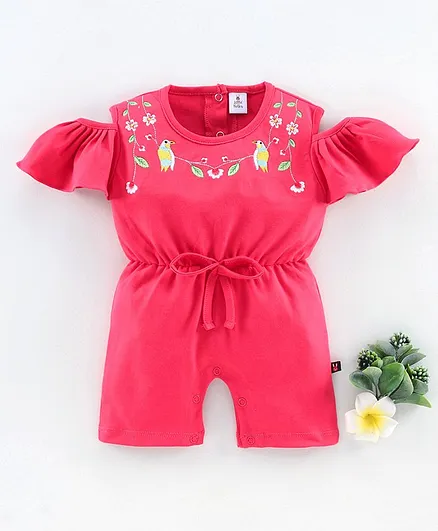 Little Folks Cold Shoulder Jumpsuit Floral Embroidery - Pink