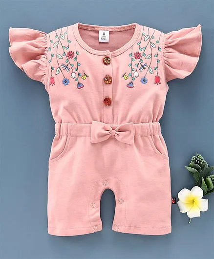 Little Folks Cap Sleeves Jumpsuit Floral Embroidery - Pink