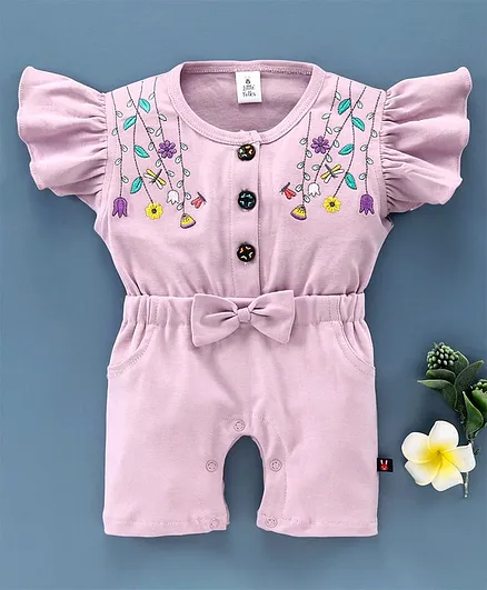 Little Folks Cap Sleeves Jumpsuit Floral Embroidery - Purple