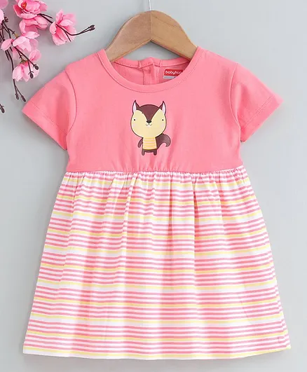 Babyhug Short Sleeves Stripe Frock Squirrel Print - Pink White