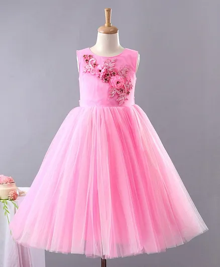 Enfance Flower Applique Sleeveless Tulle Flared Gown - Pink