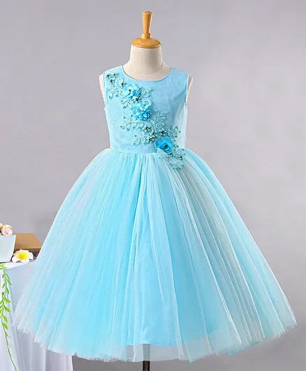 Enfance Sleeveless Floral Applique Tulle Flared Gown - Ferozi
