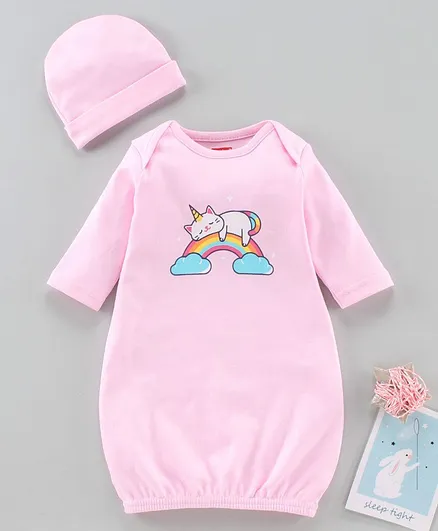 Babyhug Full Sleeves Sleeping Gown with Cap Unicorn Print - Pink