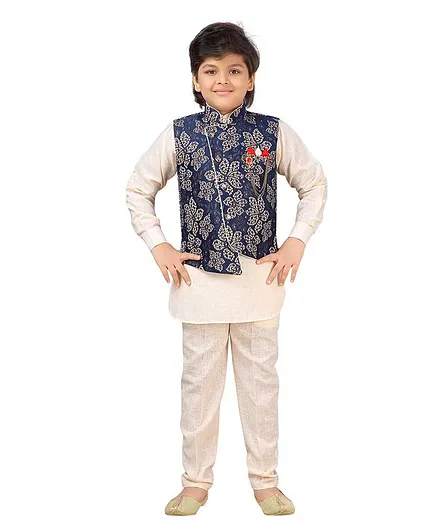AJ Dezines Full Sleeves Kurta With Floral Print Jacket & Pajama - Dark Blue