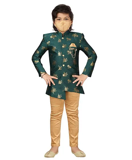 AJ Dezines Full Sleeves Flower Embroidery Detailing Kurta & Pajama Set - Green