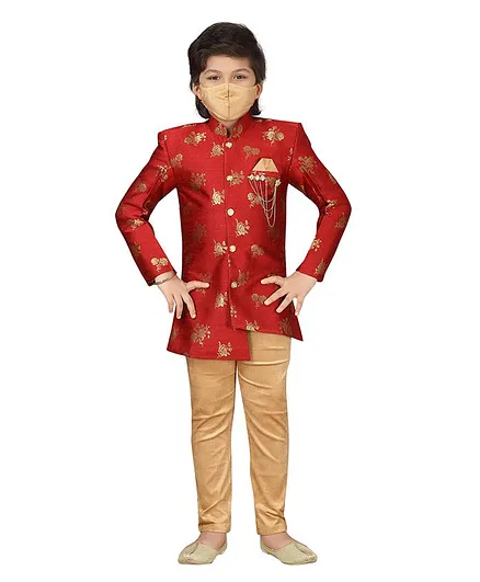 AJ Dezines Full Sleeves Flower Embroidery Detailing Kurta & Pajama Set - Red