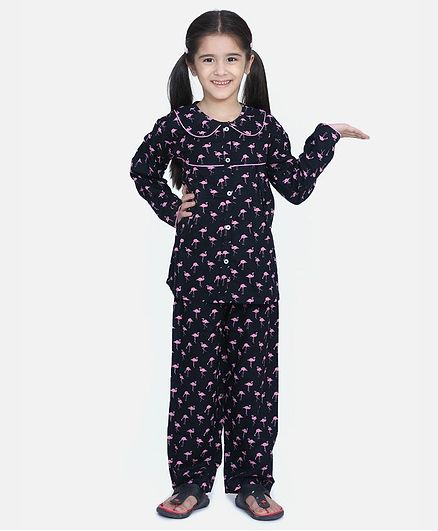 BownBee Full Sleeves Flamingo Print Night Suit - Dark Blue
