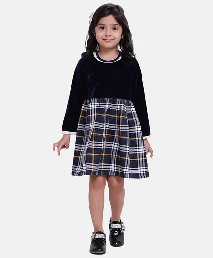 BownBee Full Sleeves Checked Flare Dress - Navy Blue