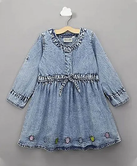 BownBee Full Sleeves Solid Bow Knot Dress - Blue
