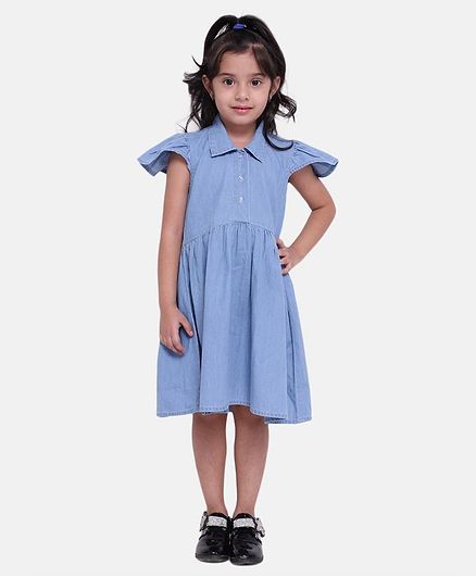 BownBee Ruffle Cap Sleeves Button Down Dress - Light Blue
