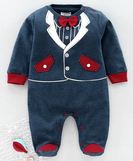 Wonderchild Full Sleeves Suit Print Footie Romper - Navy Blue